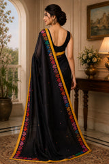 Dista Elora Black Chanderi Cotton Plain Printed Ready To Wear Saree, view 2