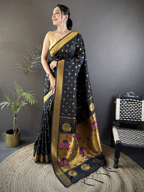 Dista Elora Black Lichi Silk Peacock & Floral Motis Zari Weaving Paithani Saree