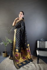 Dista Elora Black Lichi Silk Peacock & Floral Motis Zari Weaving Paithani Saree, view 2