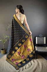 Dista Elora Black Lichi Silk Peacock & Floral Motis Zari Weaving Paithani Saree, view 3