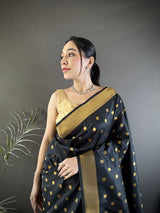Dista Elora Black Lichi Silk Peacock & Floral Motis Zari Weaving Paithani Saree, view 4