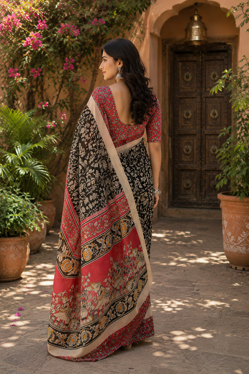Dista Elora Black Linen Kalamkari Digital Print Bollywood Saree