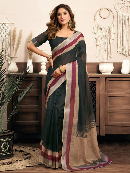 Dista Elora  Black Linen Solid Printed Ready To Wear Saree With Pocket