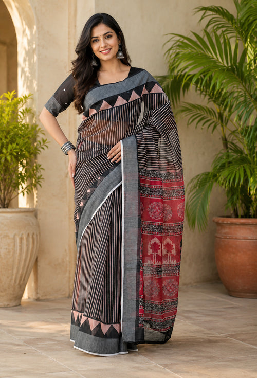 Dista Elora Black Linen Striped & Floral Digital Print Bollywood Saree