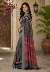 Dista Elora Black Linen Striped & Floral Digital Print Bollywood Saree, view 2