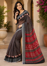 Dista Elora Black Linen Striped & Floral Digital Print Bollywood Saree, view 4