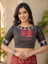 Dista Elora Black Linen Striped & Floral Digital Print Bollywood Saree, view 5