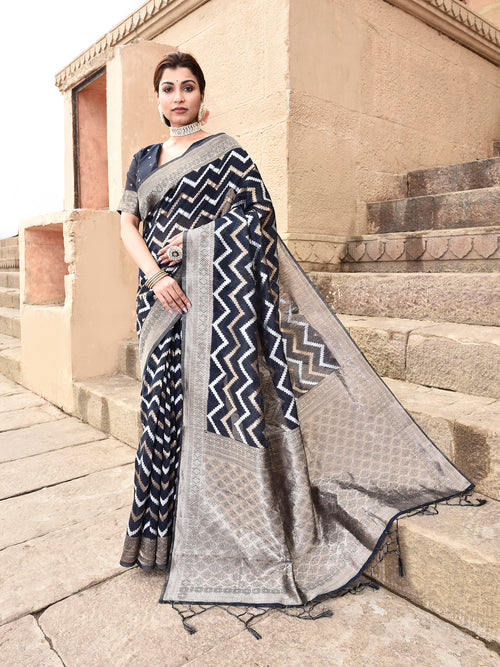 Dista Elora Black Linen Zig Zag Ikat Wedding wear Designer Saree