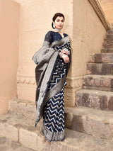 Dista Elora Black Linen Zig Zag Ikat Wedding wear Designer Saree, view 2
