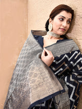 Dista Elora Black Linen Zig Zag Ikat Wedding wear Designer Saree, view 3