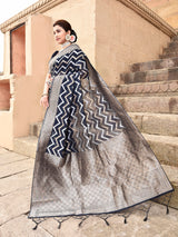 Dista Elora Black Linen Zig Zag Ikat Wedding wear Designer Saree, view 4