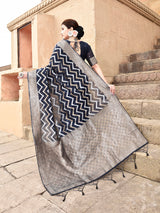 Dista Elora Black Linen Zig Zag Ikat Wedding wear Designer Saree, view 5