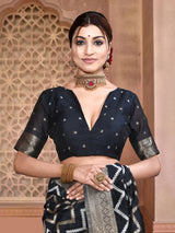 Dista Elora Black Linen Zig Zag Ikat Wedding wear Designer Saree, view 6