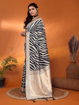 Dista Elora Black & Off White Soft Cotton Animal Print Bollywood Saree, view 2