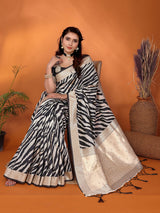 Dista Elora Black & Off White Soft Cotton Animal Print Bollywood Saree, view 3