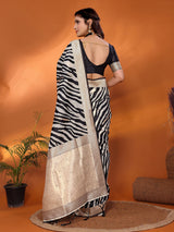 Dista Elora Black & Off White Soft Cotton Animal Print Bollywood Saree, view 4