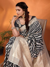 Dista Elora Black & Off White Soft Cotton Animal Print Bollywood Saree, view 5