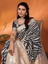 Dista Elora Black & Off White Soft Cotton Animal Print Bollywood Saree, view 6