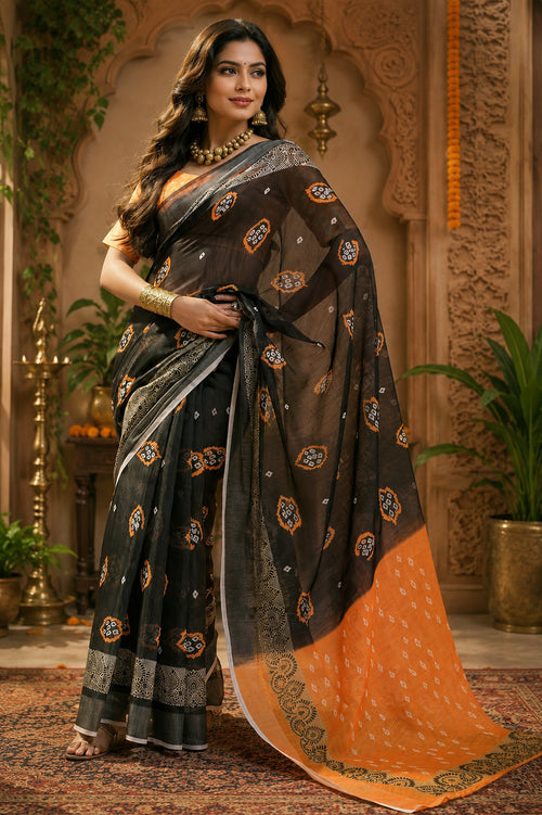 Dista Elora Black & Orange Linen Bandhani Digital Print Bollywood Saree