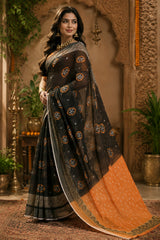 Dista Elora Black & Orange Linen Bandhani Digital Print Bollywood Saree, view 2