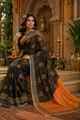 Dista Elora Black & Orange Linen Bandhani Digital Print Bollywood Saree, view 3