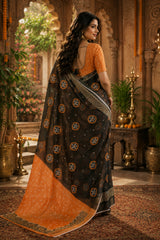 Dista Elora Black & Orange Linen Bandhani Digital Print Bollywood Saree, view 4