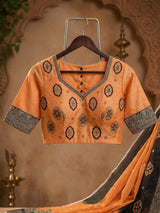 Dista Elora Black & Orange Linen Bandhani Digital Print Bollywood Saree, view 5