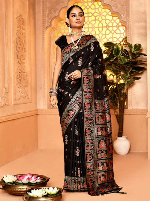 Dista Elora Black Pure Soft Silk Baluchari Weaving Saree