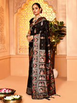 Dista Elora Black Pure Soft Silk Baluchari Weaving Saree, view 2