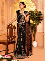 Dista Elora Black Pure Soft Silk Baluchari Weaving Saree, view 3