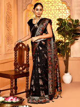 Dista Elora Black Pure Soft Silk Baluchari Weaving Saree, view 6