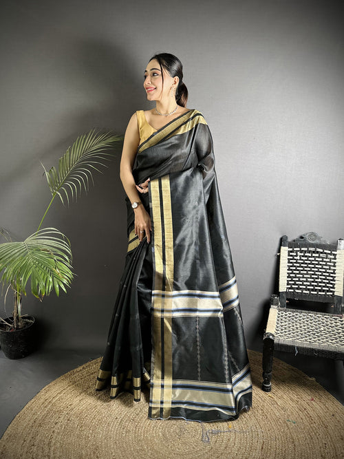 Dista Elora Black Raw Silk Zari Woven Kanjivaram Saree