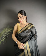 Dista Elora Black Raw Silk Zari Woven Kanjivaram Saree, view 4