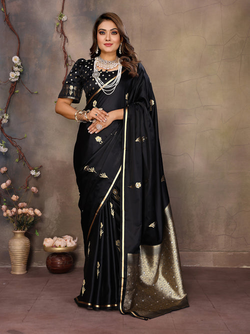Dista Elora Black Satin Silk Floral & Botanical Motifs Zari Woven Banarasi Saree