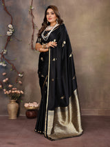 Dista Elora Black Satin Silk Floral & Botanical Motifs Zari Woven Banarasi Saree, view 2