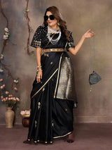 Dista Elora Black Satin Silk Floral & Botanical Motifs Zari Woven Banarasi Saree, view 3