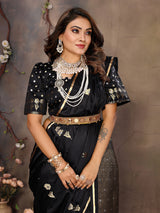 Dista Elora Black Satin Silk Floral & Botanical Motifs Zari Woven Banarasi Saree, view 4