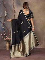 Dista Elora Black Satin Silk Floral & Botanical Motifs Zari Woven Banarasi Saree, view 5