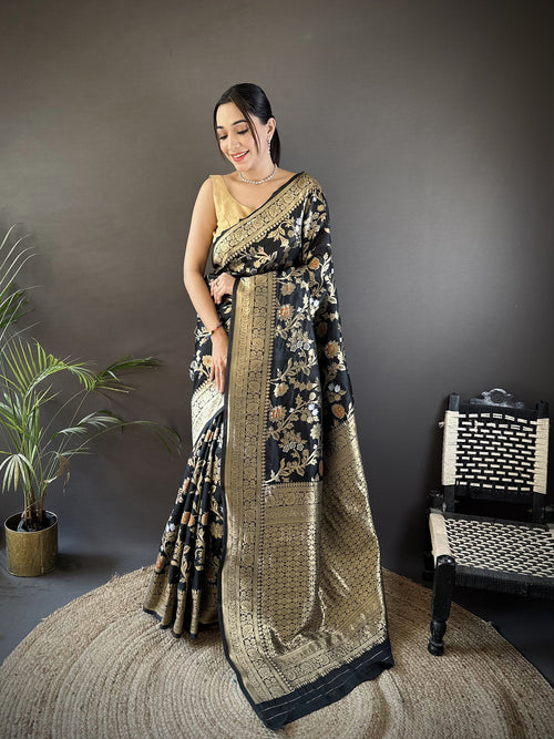 Dista Elora Black Soft Banarasi Silk Floral & Ethnic Motifs Meenakari Zari Weaving Banarasi Saree