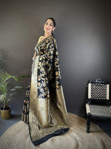 Dista Elora Black Soft Banarasi Silk Floral & Ethnic Motifs Meenakari Zari Weaving Banarasi Saree, view 2