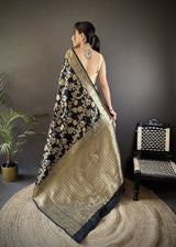 Dista Elora Black Soft Banarasi Silk Floral & Ethnic Motifs Meenakari Zari Weaving Banarasi Saree, view 3