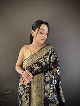 Dista Elora Black Soft Banarasi Silk Floral & Ethnic Motifs Meenakari Zari Weaving Banarasi Saree, view 4