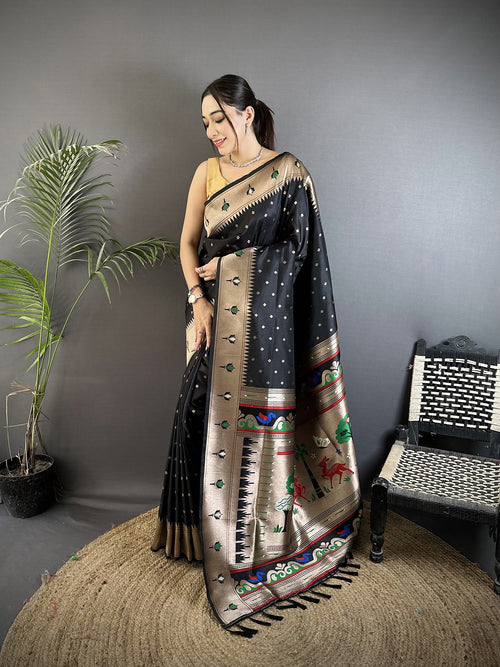 Dista Elora Black Soft Lichi Silk Peacock & Floral Motifs Jacquard Kanchipuram Saree