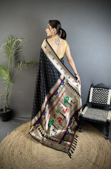 Dista Elora Black Soft Lichi Silk Peacock & Floral Motifs Jacquard Kanchipuram Saree, view 2
