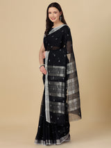 Dista Elora Black Soft Linen Butti Printed Bhagalpuri Office & Workplace Attire Saree, view 3