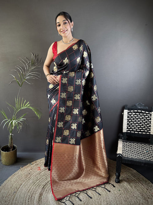 Dista Elora Black Soft Silk Elephant Motifs Banarasi Saree