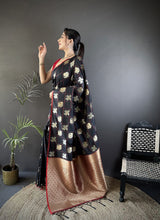 Dista Elora Black Soft Silk Elephant Motifs Banarasi Saree, view 2