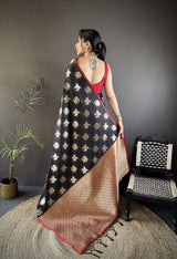 Dista Elora Black Soft Silk Elephant Motifs Banarasi Saree, view 3