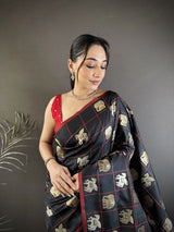 Dista Elora Black Soft Silk Elephant Motifs Banarasi Saree, view 4