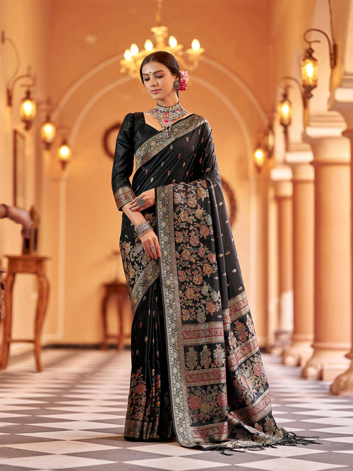 Dista Elora Black Soft Silk Floral Butti Pashmina Zari Jacquard Work Designer Saree